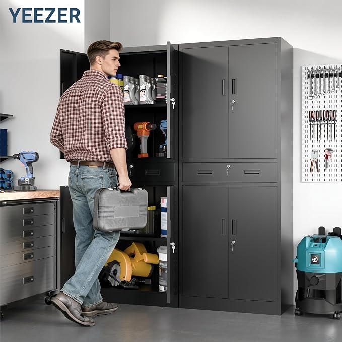 71" H Tall Metal Storage Cabinet with Drawer, Metal Garage Storage Cabinet with Lock and 2 Adjustable Shelves for Home, Office, Garage, Warehouse Organize, Black