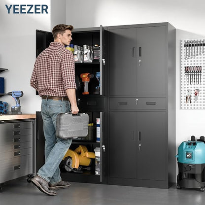71" H Tall Metal Storage Cabinet with Drawer, Metal Garage Storage Cabinet with Lock and 2 Adjustable Shelves for Home, Office, Garage, Warehouse Organize, Black
