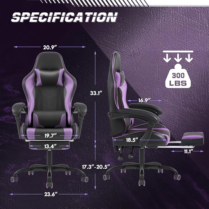 Shahoo Gaming Chair with Footrest and Massage Lumbar Support, Computer Chairs, Video Racing Seat Height Adjustable with 360°Swivel and Headrest for Office or Bedroom, Purple