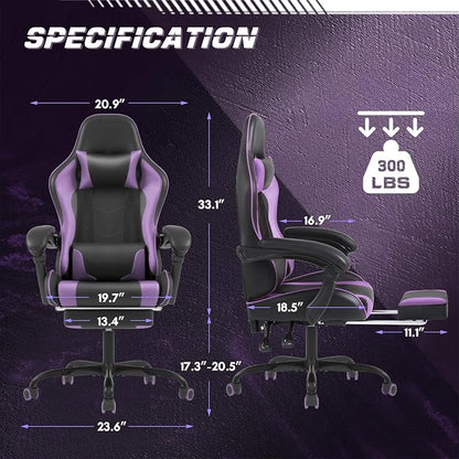 Shahoo Gaming Chair with Footrest and Massage Lumbar Support, Computer Chairs, Video Racing Seat Height Adjustable with 360°Swivel and Headrest for Office or Bedroom, Purple