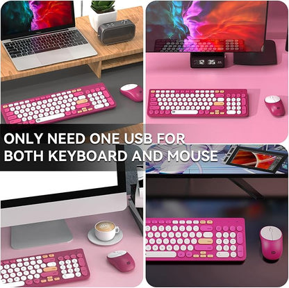 FD Wireless Keyboards and Mouse Combo - 2.4GHz USB Cordless, Cute Wireless Keyboard Round Keys, Quiet and Slim Set for Laptop, Computer, TV and Mac - Strawberry White Colorful