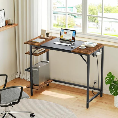 HOOBRO Small Computer Desk, Home Office Desk with Power Outlet, Writing Desk with 2 Shelves, Modern Small Desk for Home Office, Study, Easy to Assemble, Rustic Brown and Black BF43UDN01
