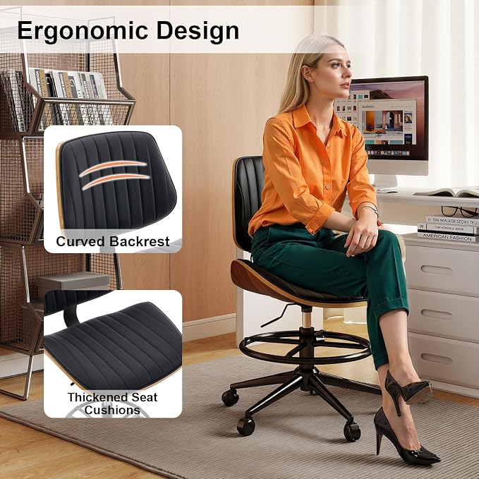 Drafting Chair, Ergonomic Office Chair with Walnut Wood Back Support, Armless PU Leather Desk Chair with Height-Adjustable, Thick Cushion for Home, Bar, Drafting, Office (Black)