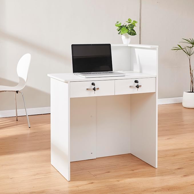 Small Reception Desk with Two Lockable Drawers,White Counter Table, Small Front Desk for Salon Lobby Office Home