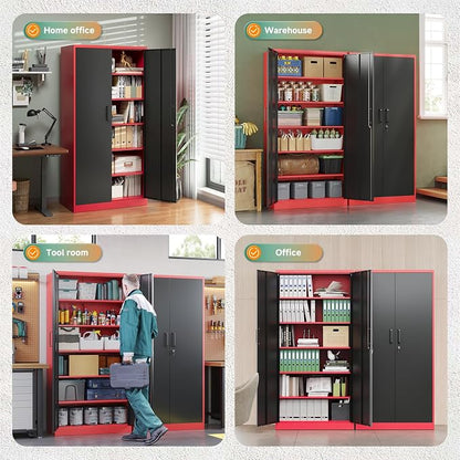 Letaya Metal Garage Storage Cabinets with Lock, 72" Tall Locker Organizer Steel Tool Cabinets,5 Adjustable Shelves 2 Doors for Home Office, Warehouse,Garage,Industrial,Employee (Black Red)