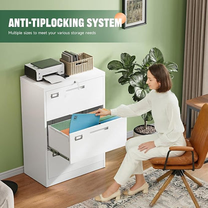 Letaya 3 Drawer File Cabinets with Lock,Metal Lateral Filing Storage Cabinet Printer Stand,White Steel Home Office Cabinet for Hanging Files Letter/Legal/A4 Size (White, H39.84×W28.35×D15.74)