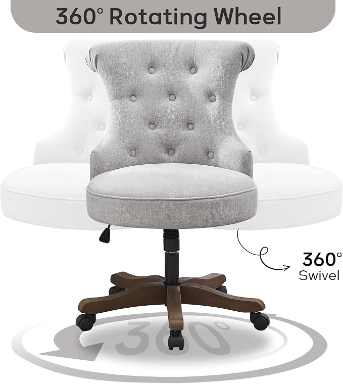 HUIMO Home Office Chair Upholstered Armless Desk Chair with Wheels Adjustable Height Computer Desk Chair with Wooden Legs Linen Comfortable Swivel Chairs for Home Office Study Studio (Light Grey)