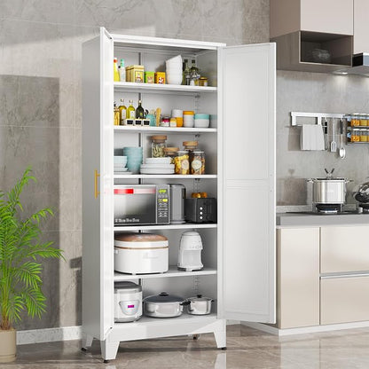 White Metal Storage Cabinet,75" Steel Cabinets for Home Office, Kitchen Pantry Storage Cabinet with Doors and 5 Adjustable Shelves, Tool Cabinets, for Office, Home, Garage, School
