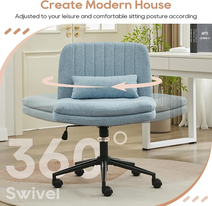IPKIG Criss Cross Chair, Small Armless Desk Office Computer Chair with Wheels and Lumbar Pillow, Comfy Adjustable Swivel Task Vanity Chair Linen, Light Blue