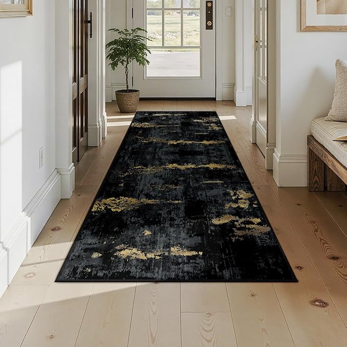 RELEANY Washable Area Rugs 3x8 Non-Slip Modern Abstract Soft for Living Room Entryway Bedroom Kitchen, Print Pattern, Dark Black Gold