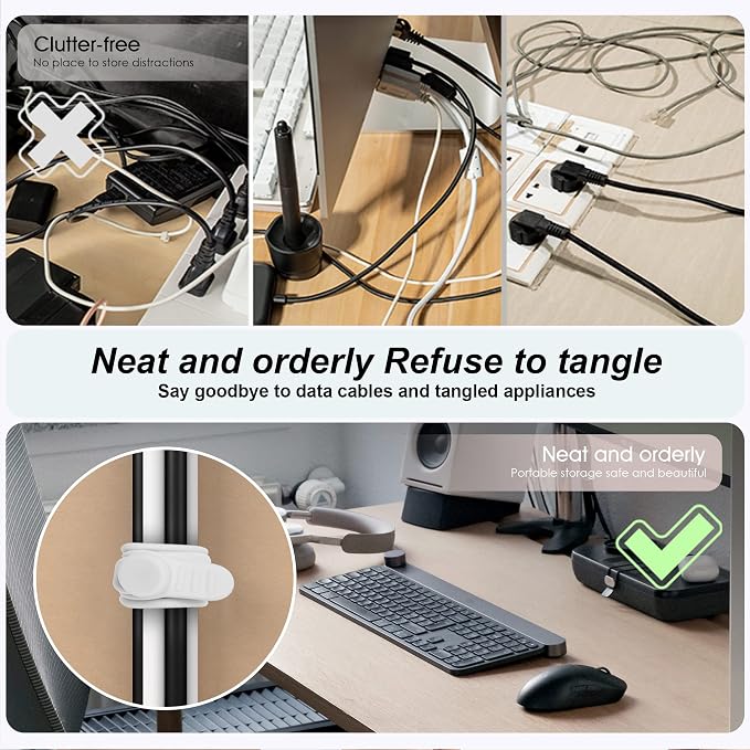 16Pcs Silicone Cable Ties Cord Organizer for Bundling Earphone, Phone Charger, Computer Cords, Reusable Wire Cable Management in Home,Office,Kitchen,School,Travel (White)
