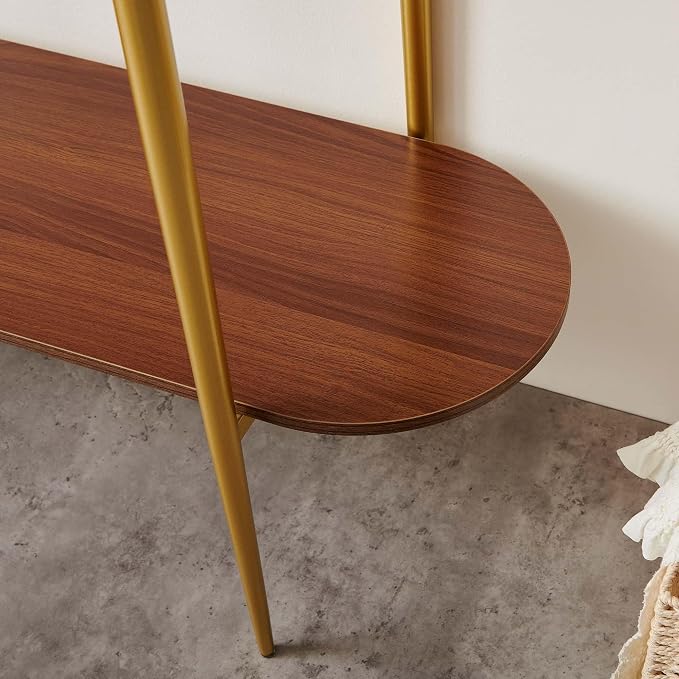LumFurn Oval Glass Console Table for Living Room, Foyer & Entrance, 2-Tiers Mid-Century Modern Sofa Table with Amber Glass Top, Walnut Finish Wood Top and Gold Finish Metal Frame