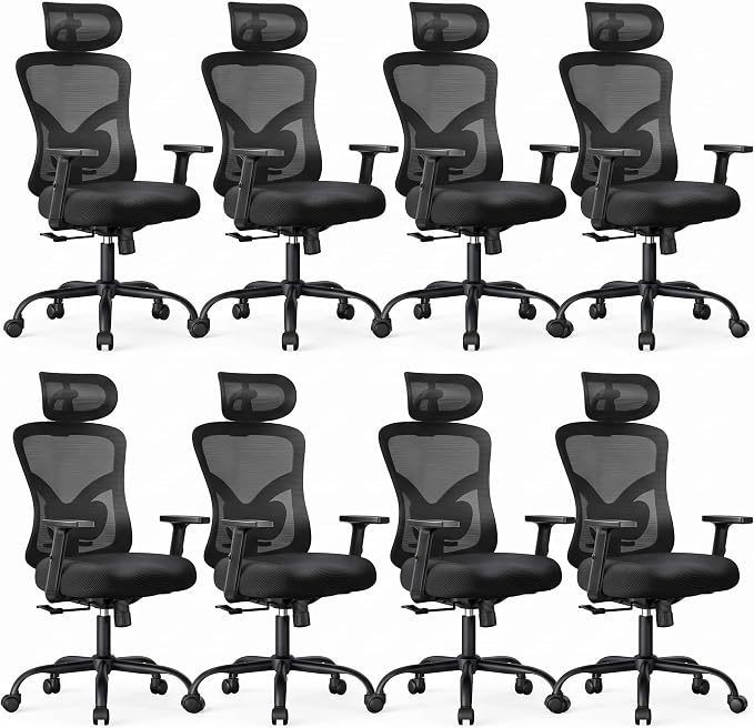 NOBLEWELL Ergonomic Office Chair with Padded Lumbar Support, 2D Headrest, Adjustable Armrests, Upgraded Contoured Seat Cushion, 130° Rocking Tilt, Computer Gaming Chair for Home Office, Pack of 8