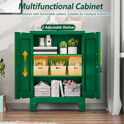 winiowa Tall Metal Storage Cabinet with Lock, Locking File Cabinet with 2 Doors and 2 Adjustable Shelves, Green Lockable Organizer for Home Office Garage（23.6" W）
