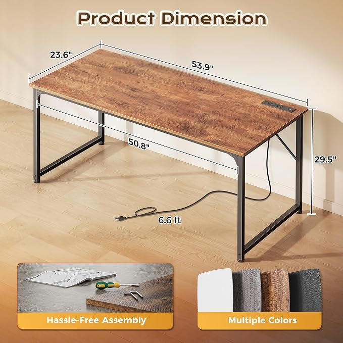 PRAISUN 54 X 24 Inch Computer Desk with Power Outlets & USB-C Port,Larger and Longer Office Desk with Deeper Desktop, Study, Bedroom, Writing Work from Home Table, Metal Frame, Rustic Brown