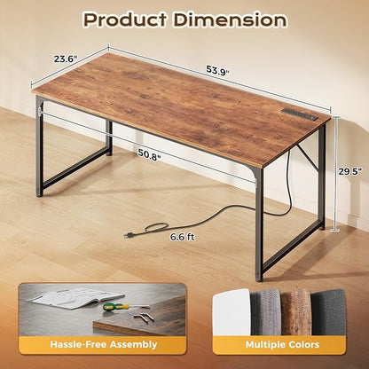 PRAISUN 54 X 24 Inch Computer Desk with Power Outlets & USB-C Port,Larger and Longer Office Desk with Deeper Desktop, Study, Bedroom, Writing Work from Home Table, Metal Frame, Rustic Brown