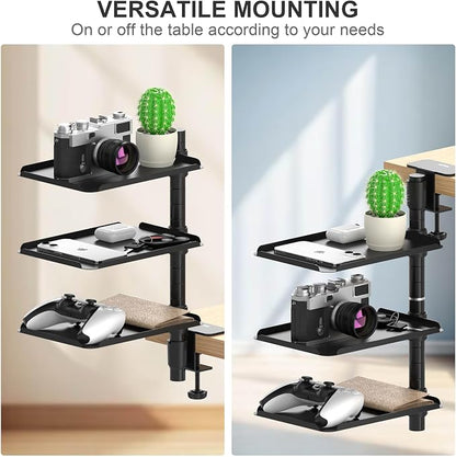 3 Tier Metal Clamp On Desk Shelf - 360° Rotatable Above/Under Table Storage, Adjustable Desktop Organizer for Home Office & Gaming, Storage Tray for Devices & Accessories
