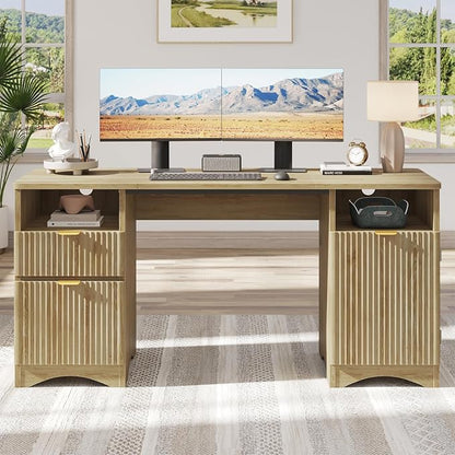 Bestier 59 inch Computer Desk with 2 Drawers, Office Desk with Storage File Cabinet and 2 Open Storage Shelves, Modern Fluted Executive Desk for Home Office Bedroom, Natural Oak