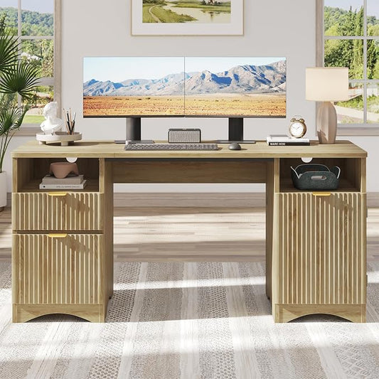 Bestier 59 inch Computer Desk with 2 Drawers, Office Desk with Storage File Cabinet and 2 Open Storage Shelves, Modern Fluted Executive Desk for Home Office Bedroom, Natural Oak