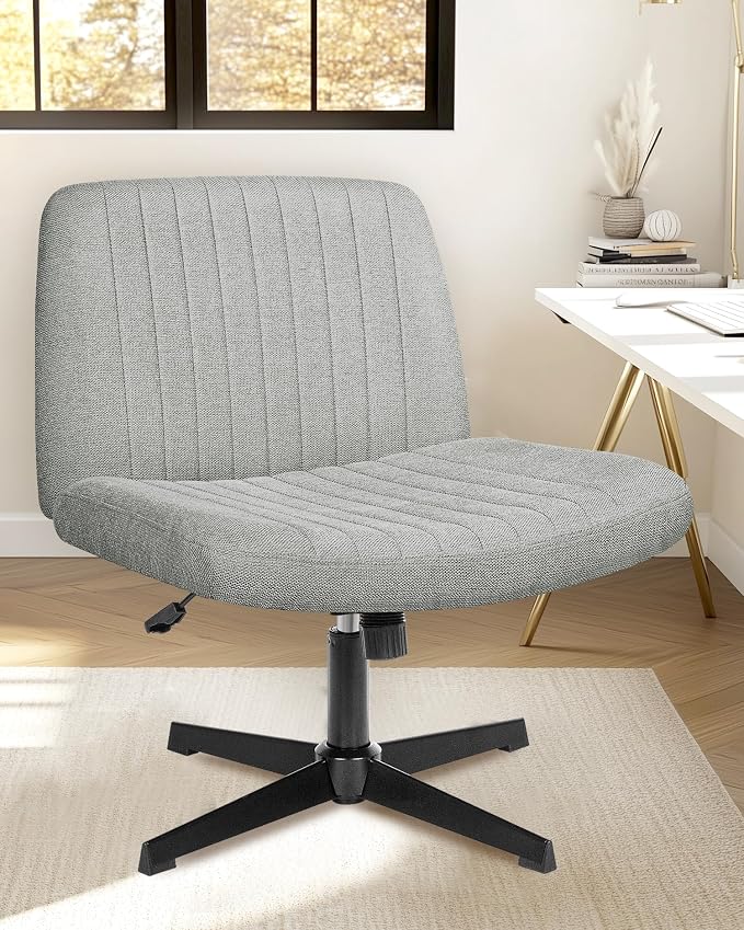 NEO Chair Criss Cross Chair No Wheels, Armless Cross Legged Office Desk Chair, Vanity Makeup Fabric Computer Comfy Adjustable Swivel Ergonomic Living Bedroom for Home Office (Fabric Grey)