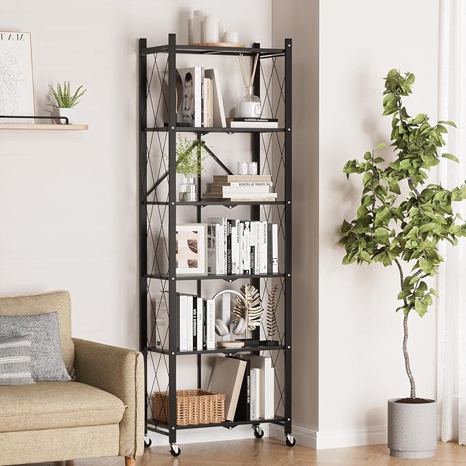 ALANNG 73.6 Inch Folding Bookshelf, 6 Tier Metal Bookcase and Bookshelves, Tall Shelves for Living Room Office Bedroom, Heavy Duty Book Shelve Free Standing Open (Black, 3PACK)