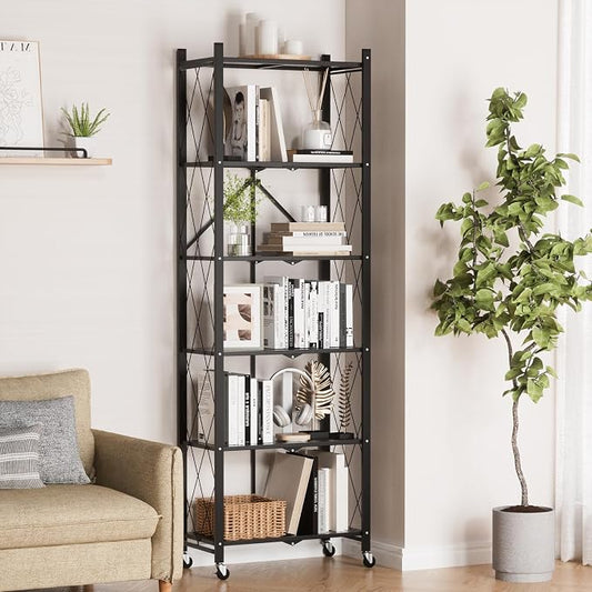 ALANNG 73.6 Inch Folding Bookshelf, 6 Tier Metal Bookcase and Bookshelves, Tall Shelves for Living Room Office Bedroom, Heavy Duty Book Shelve Free Standing Open (Black, 4PACK)