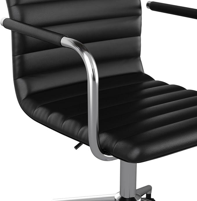 Martha Stewart Taytum Swivel Task Chair with Armrests for Home Office in Black Faux Leather with Polished Nickel Frame