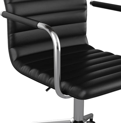 Martha Stewart Taytum Swivel Task Chair with Armrests for Home Office in Black Faux Leather with Polished Nickel Frame
