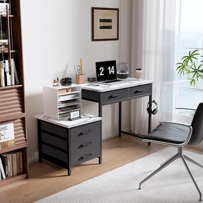 Pamray 47 inch Computer Desk with 5 Drawers and Printer Space for Office | Ample Storage, Space-saving, Easy Assembly, Sturdy, Suitable for Home Office, Study and Writing, Bedroom and Dorms