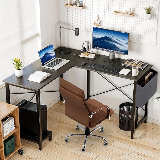 L Shaped Desk Gaming Computer 50 Inch Corner Desks Work Table for Writing Study Student with Wood Tabletop Metal Frame CPU Stand Side Bag for Home Office Small Place, Black