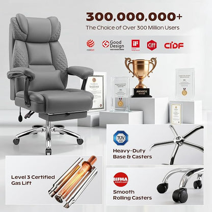 Office Chair, Ergonomic Desk Chair with Adjustable Lumbar Support for Back Pain, Extra Wide 400LBS Comfy Big and Tall Office Chair with Footrest, Executive Leather Computer Game Chair for Heavy People