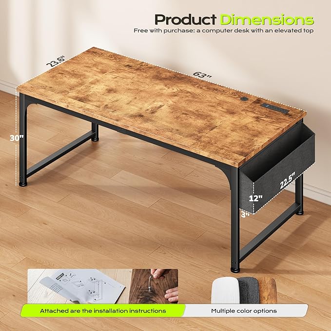 DurayLoly 63 x 24 inch Large Computer Desk, 24mm Thick Desktop with Power Outlets, RGB LED, Office Desk with Detachable Stand, 150LBS Heavy Duty, Spacious Desk for Multi-Tasking Workers, Brown