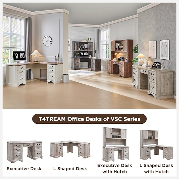 T4TREAM 59" Executive L Shaped Desk with Hutch,Victorian Wood Computer Desk, Featuring Charging Station,File Drawer, Storage Cabinet,for Home Office Work and Study (Light Rustic Oak)