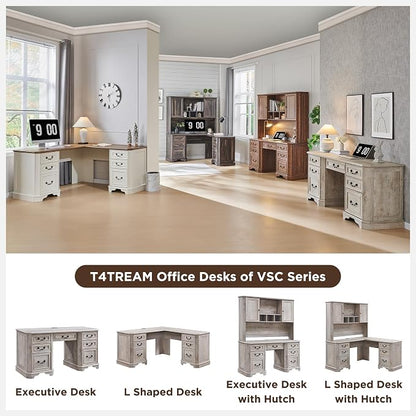 T4TREAM 59" Executive L Shaped Desk with Drawers,Farmhouse Wood Computer Corner Desk, Featuring Charging Station,File Drawer, Storage Cabinet,for Home Office Work and Study (Light Rustic Oak)