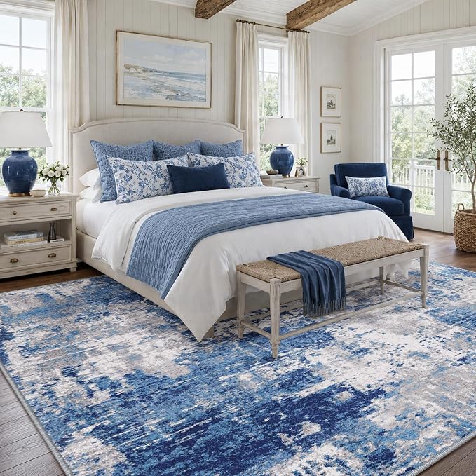 RELEANY Washable Area Rugs 8'x10' Non-Slip Modern Abstract Soft for Living Room Entryway Bedroom Kitchen, Print Pattern, Blue Grey Navy Gray
