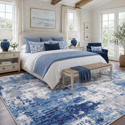 RELEANY Washable Area Rugs 5'x7' Non-Slip Modern Abstract Soft for Living Room Entryway Bedroom Kitchen, Print Pattern, Blue Grey Navy Gray