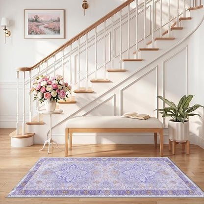 RELEANY Area Rugs Runner 2'6"x5' Washable Non-Slip, Floral Vintage Distress Medallion Carpet for Kitchen Hallway Bedroom Beside Laundry Room Bathroom, Light Purple Brown