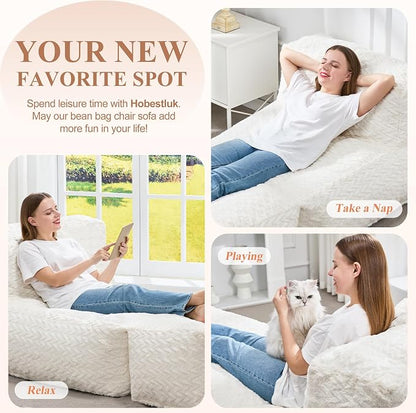 Hobestluk Giant Memory Foam Bean Bag Chairs for Adults (Snow White,Large) | Soft Fabric,Ergonomic Back Support,Lightweight,Easy Clean,No Assembly,Wear-resisting,For Livingroom Guest room,Well-looking
