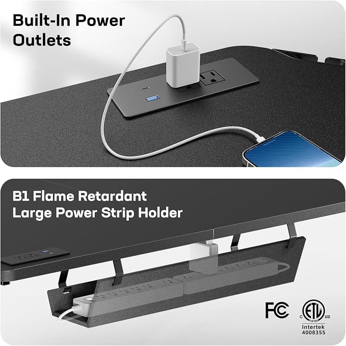 HUANUO 63″ L-Shaped Standing Desk, Built-in Power Outlets, Electric Height Adjustable Corner Computer Desk, Large Power Strip Holder, Sit Stand Up Desk with 3 Preset Heights, Black