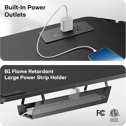 HUANUO 63″ L-Shaped Standing Desk, Built-in Power Outlets, Electric Height Adjustable Corner Computer Desk, Large Power Strip Holder, Sit Stand Up Desk with 3 Preset Heights, Black
