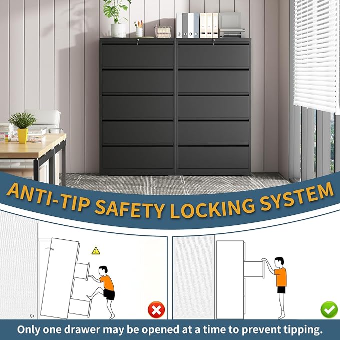 5 Drawer File Cabinet with Lock, Lateral Filing Cabinets, Metal Storage Filing Cabinets for Home Office, Heavy Duty File Cabinet for Letter/Legal/A4/F4 Size Assembly Required, Black