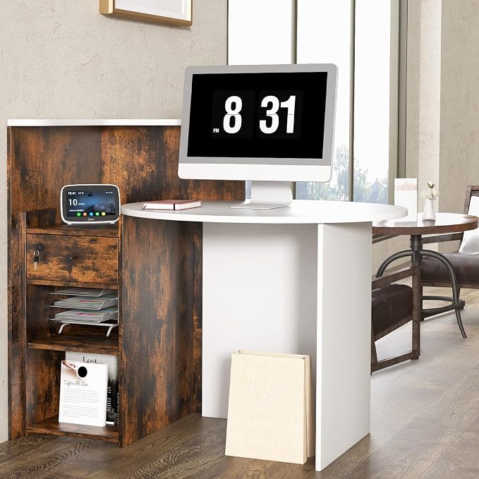 Tangkula Reception Desk, Front Counter Desk with Lockable Drawer & Adjustable Shelf, Oval Desktop, Retail Counter for Checkout, Computer Workstation for Salon Lobby Office, Home Office Desk