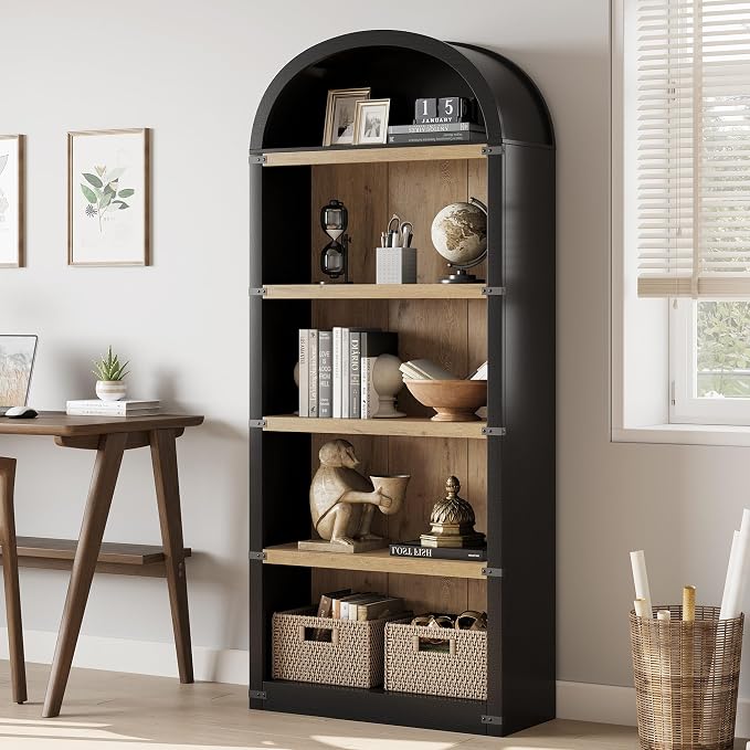 GarveeHome Bookcase 5 Shelf Arched Bookshelf 71.65in Tall Bookcase Farmhouse Display Storage Rack Wooden Bookshelves for Home Office, Living Room (Black/Natural)