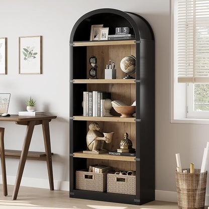 GarveeHome Bookcase 5 Shelf Arched Bookshelf 71.65in Tall Bookcase Farmhouse Display Storage Rack Wooden Bookshelves for Home Office, Living Room (Black/Natural)