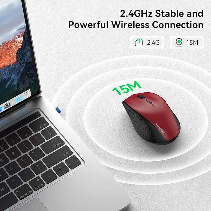TECKNET Wireless Mouse, 2.4G USB Computer Mouse with 6-Level Adjustable 4800 DPI, 30 Months Battery, Ergonomic Grips, 6 Buttons Portable for PC, Chromebook, Mac (Red)