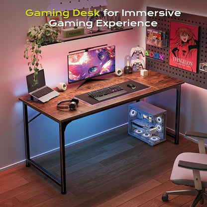 PRAISUN 47 Inch Computer Desk, Home Office Desk with Spacious Desktop, Modern Gaming Desk, Writing Study Table for Bedroom, Small Spaces, Work from Home Desk with Metal Frame, Rusitc Brown