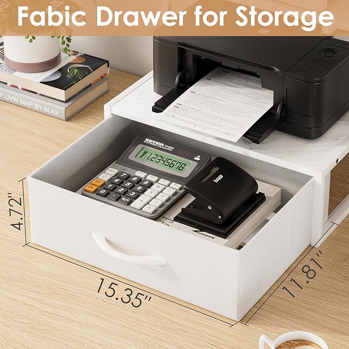 Masupu Printer Stand for Desk, Printer Table with Fabric Storage Drawer, 2 Tier Desktop Shelf, Multi-Purpose Desk Organizer for Home Office, 3D Printer, Fax Machine, Scanner, Marble White