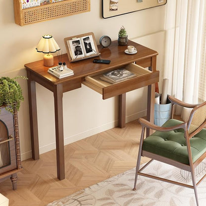 Solid Wood Desk with Drawers - 36 x 16 Inch Simple Narrow Desks, Rubber Wood Study Table, Small Writing Desk for Bedroom|Small Spaces - Natural Boho Desks