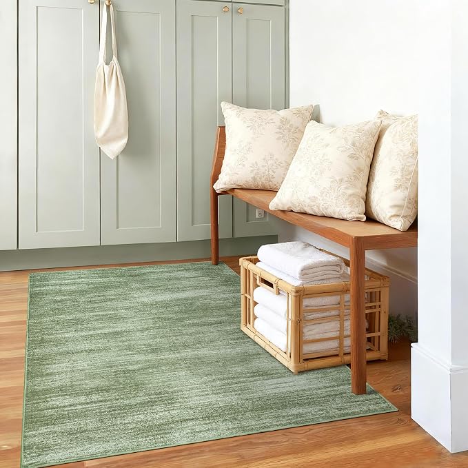 BILEEHOME Hunter Green Modern Rug for Bedroom Non Slip Washable 3 x 5 Area Rug for Kitchen Entryway Minimalist Abstract Style Low Pile Floor Carpet Olive Green 3x5