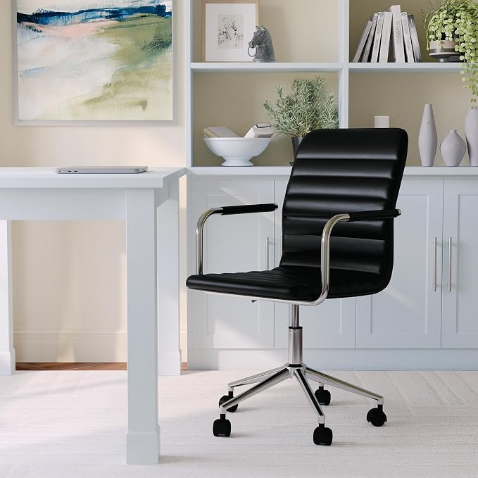 Martha Stewart Taytum Swivel Task Chair with Armrests for Home Office in Black Faux Leather with Polished Nickel Frame